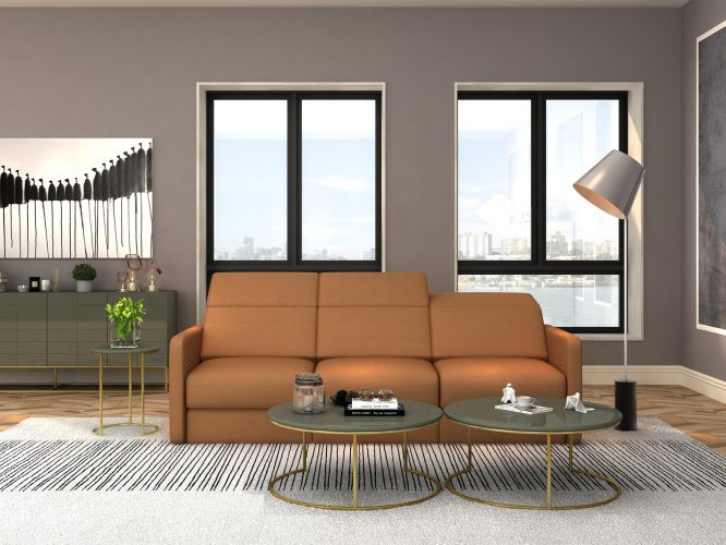 Elegancki salon z pomarańczową sofą i stolikiem glamour