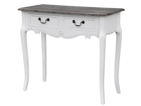 Biała drewniana konsola z dekoracyjnymi nogami i szufladami w stylu prowansalskim