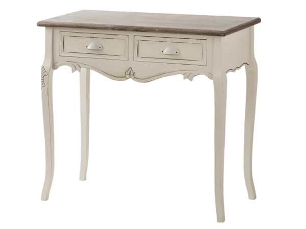 Drewniana konsola z dekoracyjnymi frontami i szufladami w stylu prowansalskim kolor kremowy