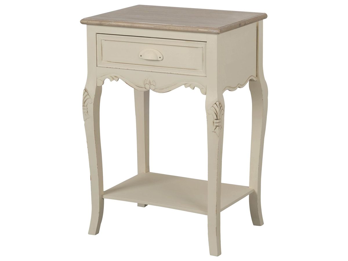 Szafka nocna prowansalska z rzeźbieniami kremowa i jasnobrązowym blatem – Sorrento