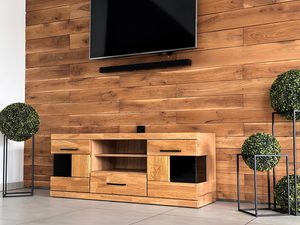 Miniaturka 6 - Drewniana szafka RTV z szeroką półką i witrynami