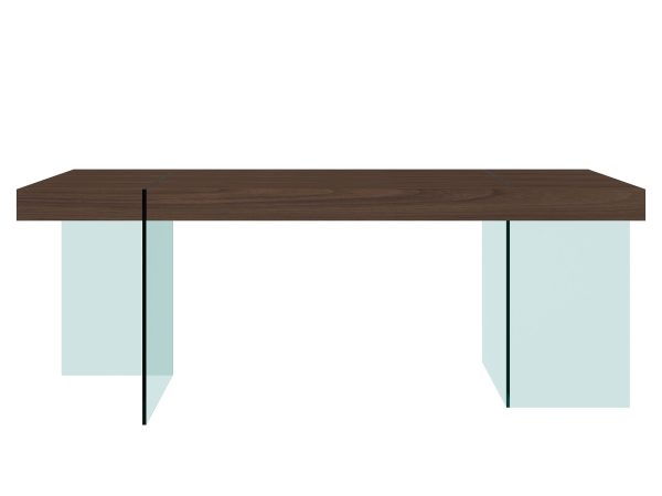 Drewniany stół do jadalni ze szklanymi nogami i nowoczesnym designem