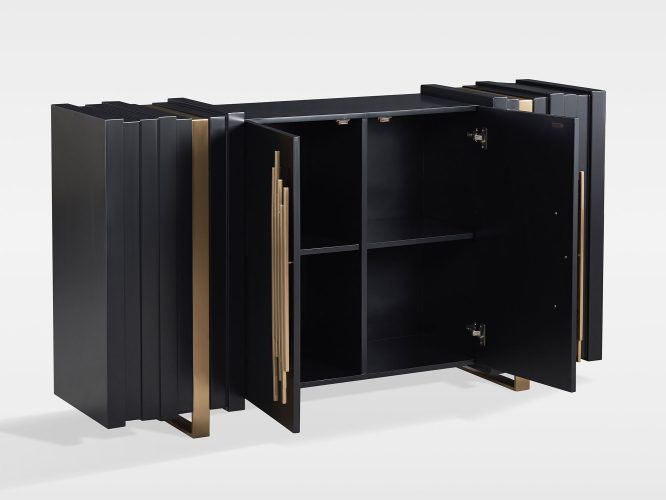 Komoda czarna z złotymi uchwytami i 3D wykończeniem – Eleganza