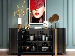 Miniaturka 4 - Czarno-złota komoda glamour z ozdobnym frontem i złotymi detalami