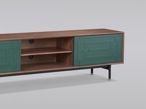 Miniaturka 1 - Nowoczesna komoda RTV z zielonymi drzwiczkami i czarnymi detalami