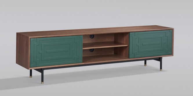 Nowoczesna komoda RTV z zielonymi drzwiczkami i czarnymi detalami