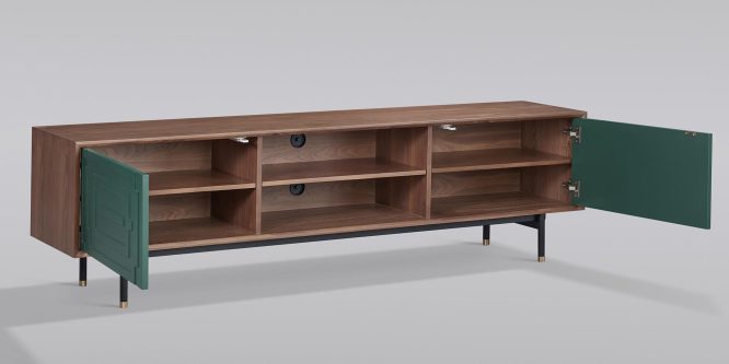 Komoda RTV w stylu retro w kolorze orzecha z geometrycznymi frontami