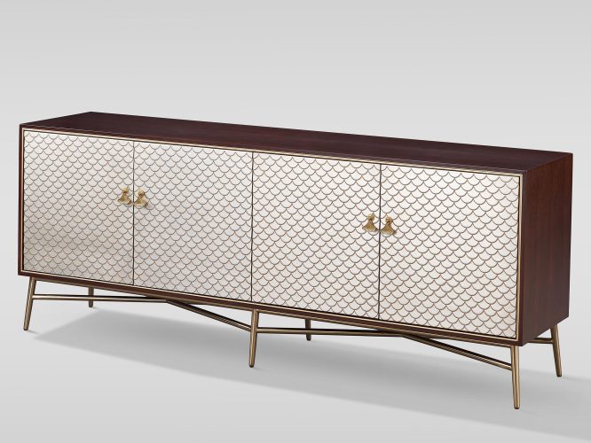 Komoda Orzech Włoski z Wytłoczonym Wzorem Łusek Rybich i Złotymi Nogi – Eleganza