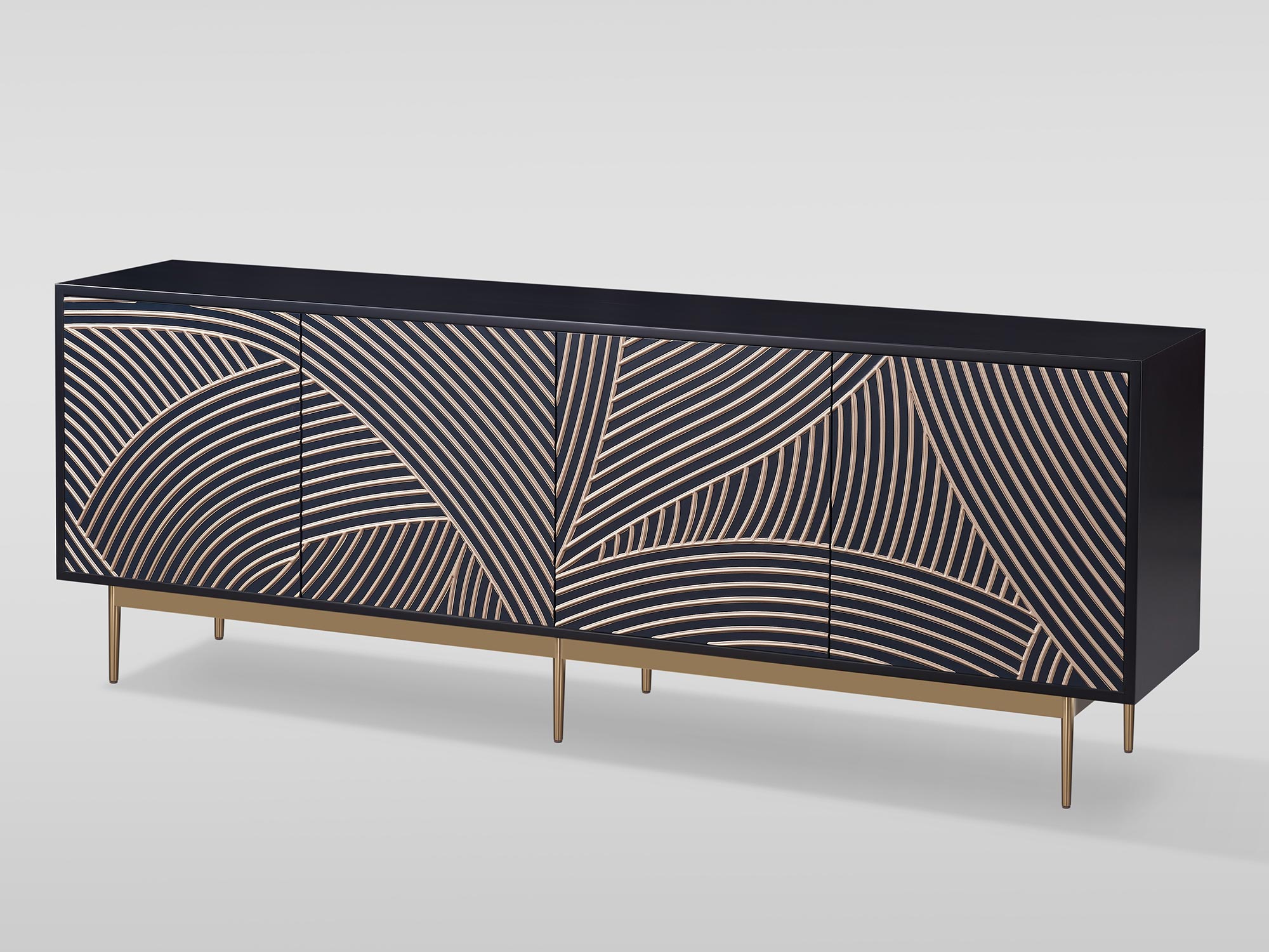 Designerska komoda w kolorze ciemnogranatowym z rzeźbionym frontem geometrycznym Designerska komoda w kolorze ciemnogranatowym z rzeźbionym frontem geometrycznym