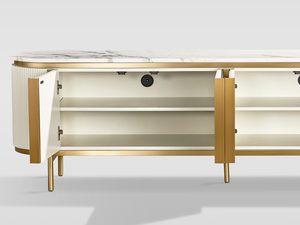 Miniaturka 1 - Nowoczesna komoda RTV w kolorze białym ecru z eleganckimi dodatkami w kolorze złota