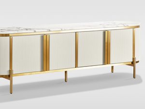 Miniaturka 2 - Drewniana komoda RTV z marmurowym blatem i złotymi nóżkami