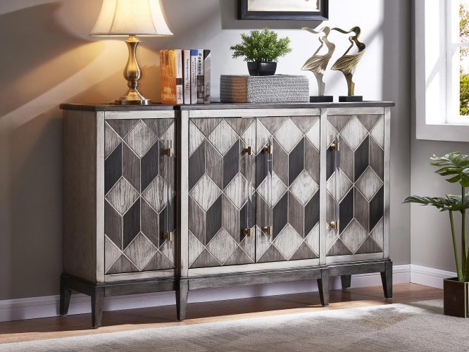 Komoda szara z intarsją i srebrnym wzorem 3D – Eleganza