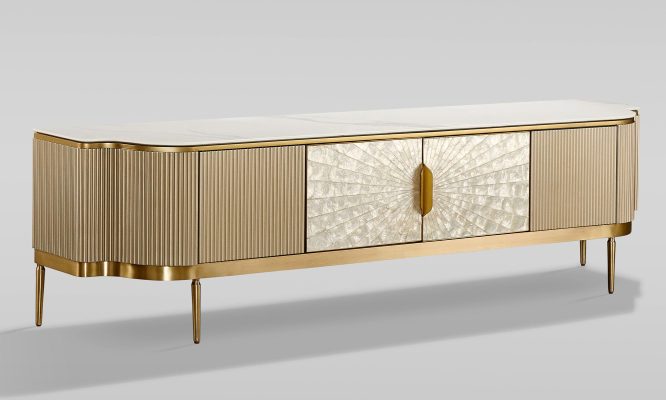 Komoda RTV Szampańska z Muszlą Morską i Marmurowym Blatem – Eleganza