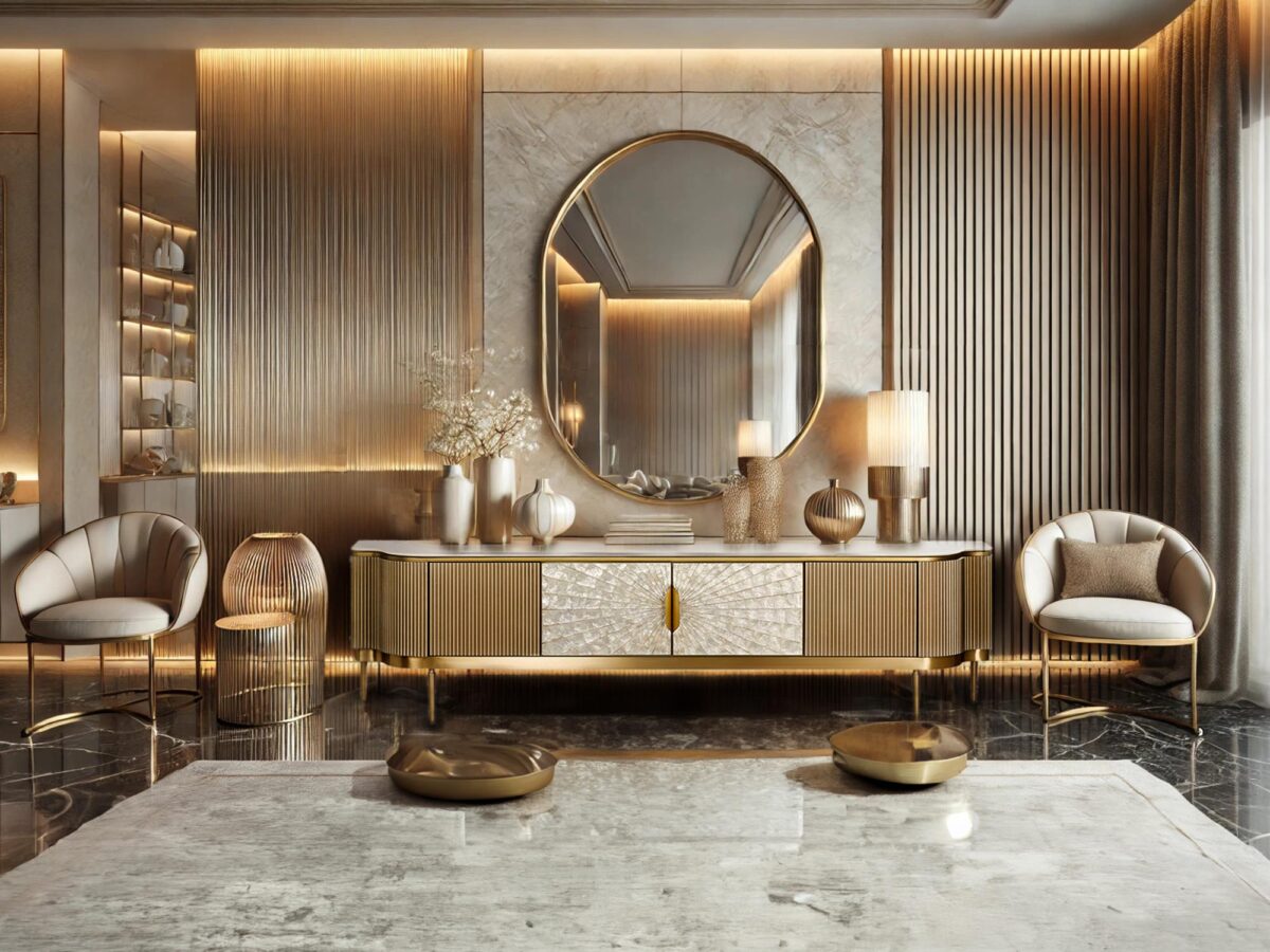 Luksusowa aranżacja salony w stylu glamour z elegancką komodą RTV Luksusowa aranżacja salony w stylu glamour z elegancką komodą RTV