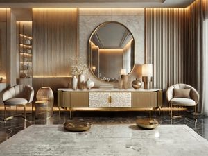 Miniaturka 3 - Luksusowa aranżacja salony w stylu glamour z elegancką komodą RTV