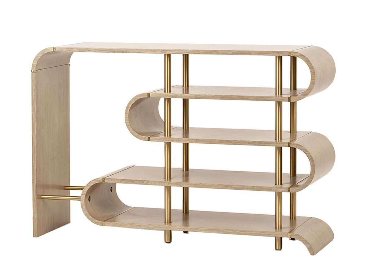 Konsola szara ze złotymi nogami i sinusoidalnymi półkami – Eleganza