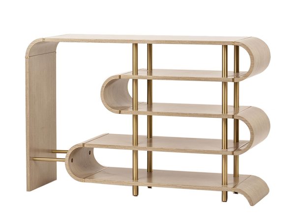 Stylowa konsola w kolorze szarym ze złotymi nogami i wygiętymi półkami