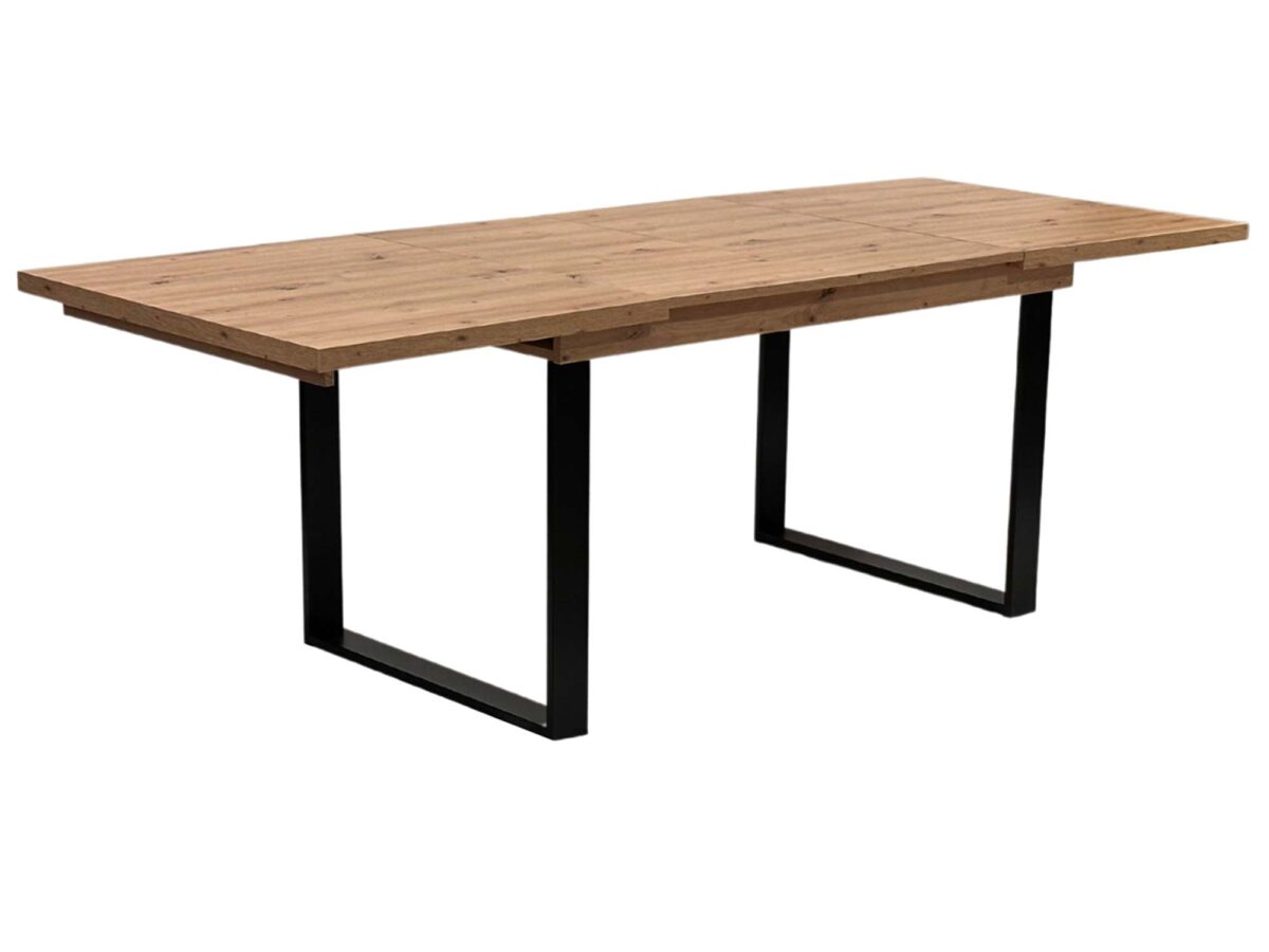 Stół dębowy loft rozkładany z metalowymi nogami rozłożony