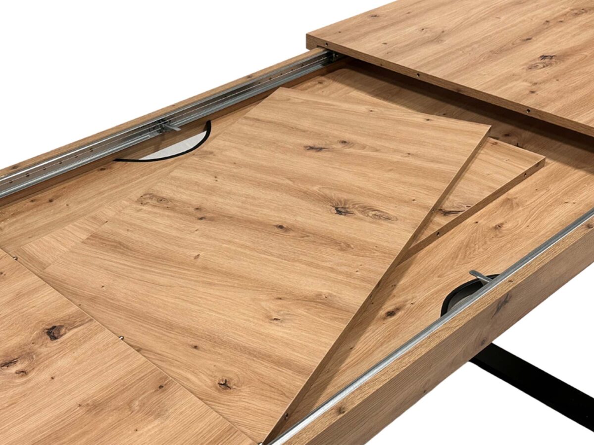 Stół dębowy loft rozkładany detal mechanizmu wkładki