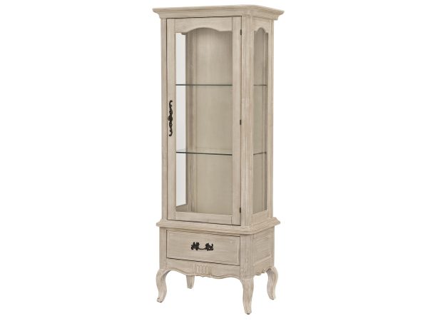 Elegancka witryna drewniana w kolorze jasnobeżowym na frezowanych nogach