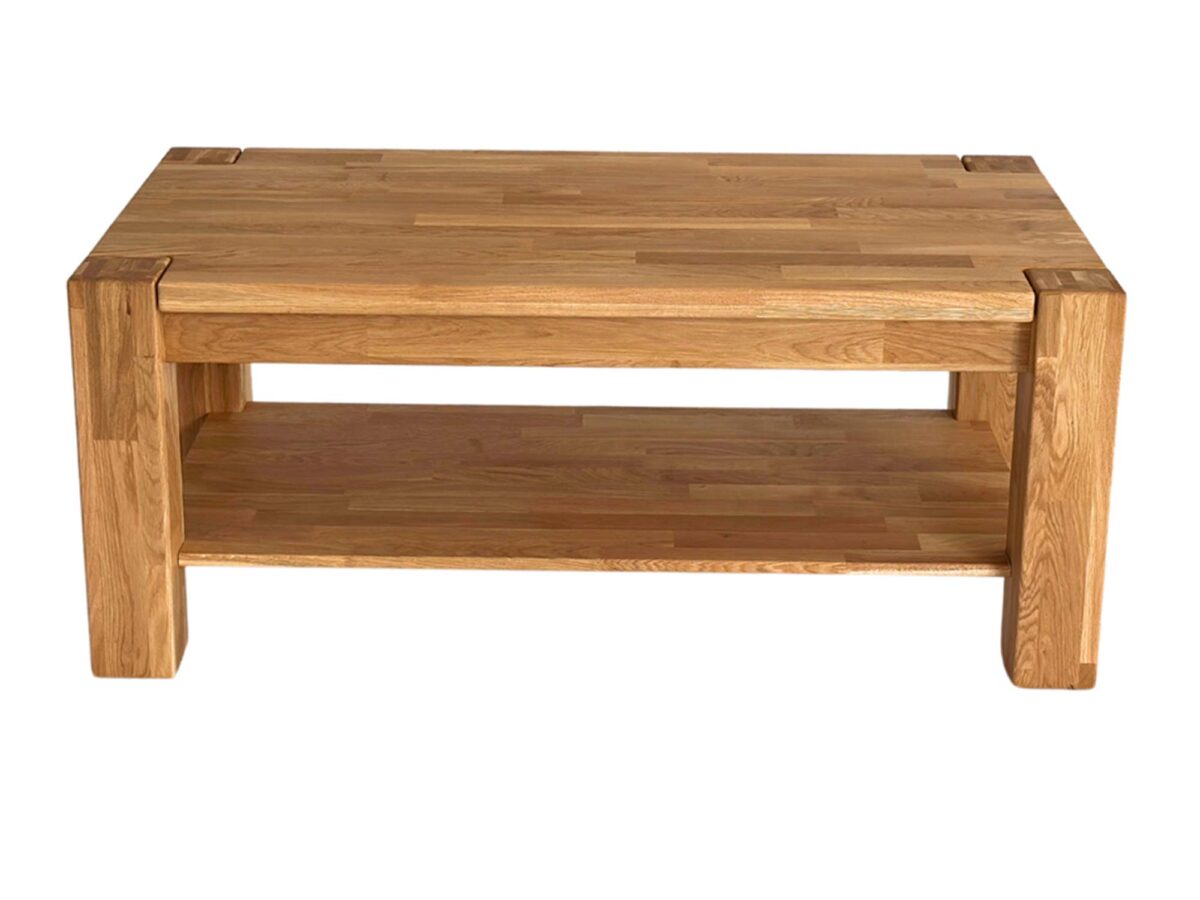 Ława dębowa masywna z półką lite drewno widok frontalny Ława dębowa masywna z półką lite drewno widok frontalny