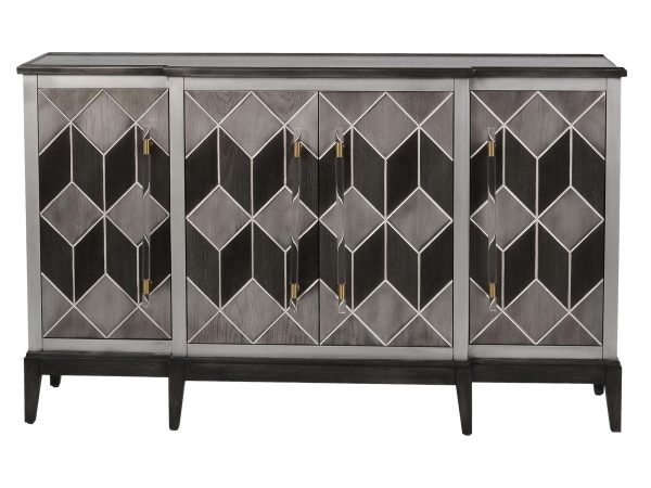 Komoda z ciemnymi rombami i złotymi uchwytami w stylu glamour