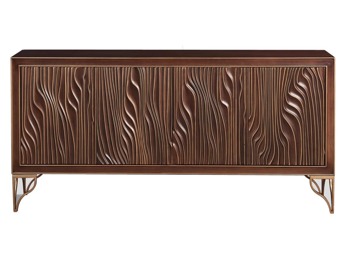 Komoda Orzech Włoski z Rzeźbionym Frontem i Złotymi Akcentami – Eleganza