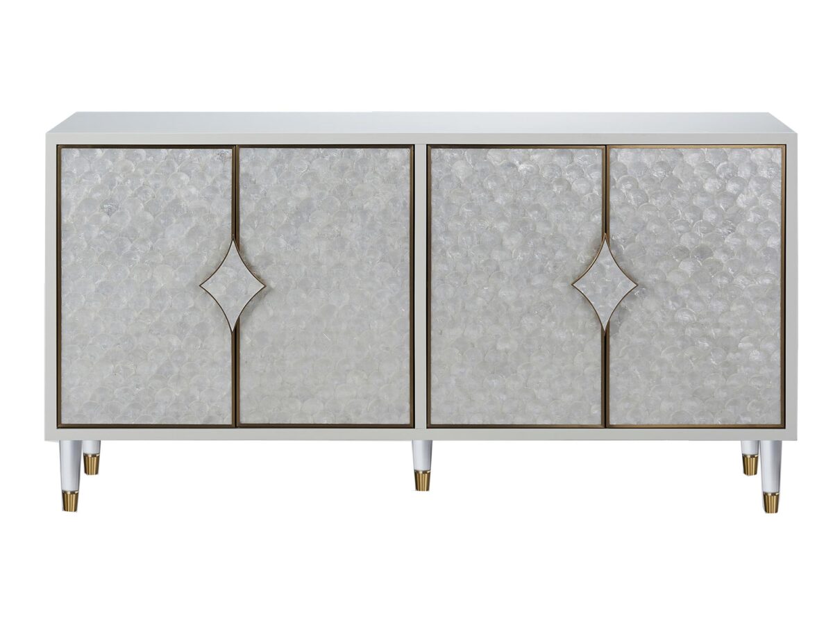 Komoda Biała Ecru z Naturalną Muszlą Morską i Złotymi Nóżkami – Eleganza