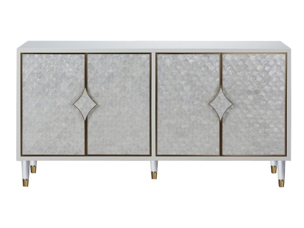 Komoda z eleganckimi frontami z naturalnej muszli na eleganckich biało-złotych nóżkach