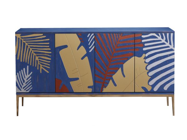 Nowoczesna granatowa komoda z ozdobnym złotym wzorem