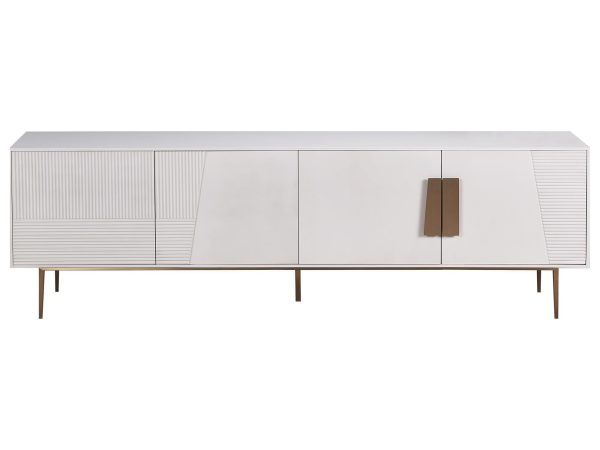 Biała elegancka komoda RTV z geometrycznym dekorem i złotym wykończeniem