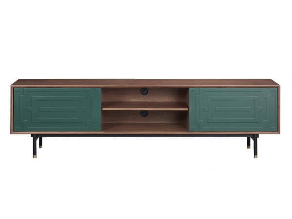Komoda RTV orzechowa z zielonymi frontami i eleganckimi nóżkami