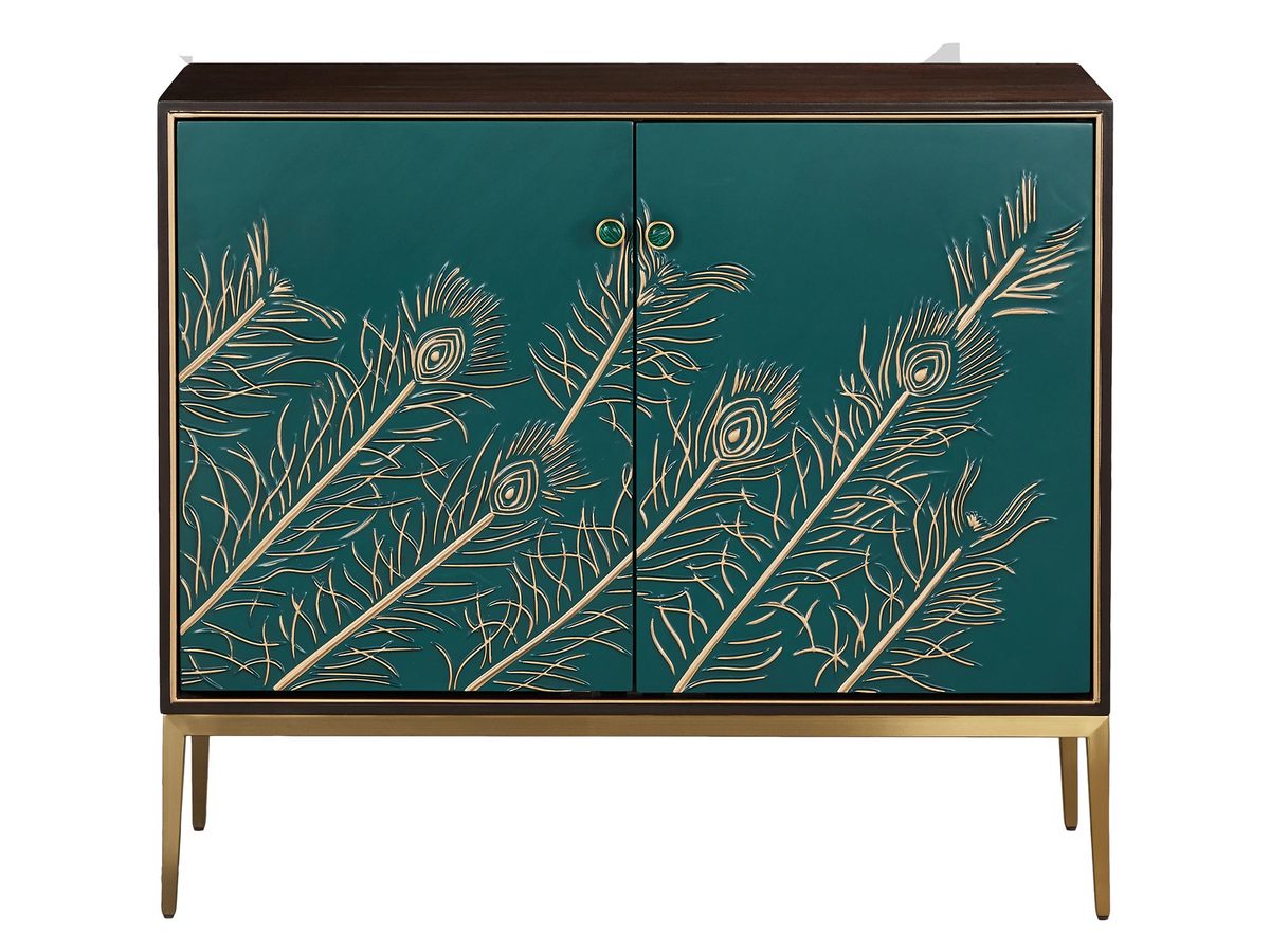 Komoda orzechowa z turkusowym frontem i złotymi akcentami – Eleganza