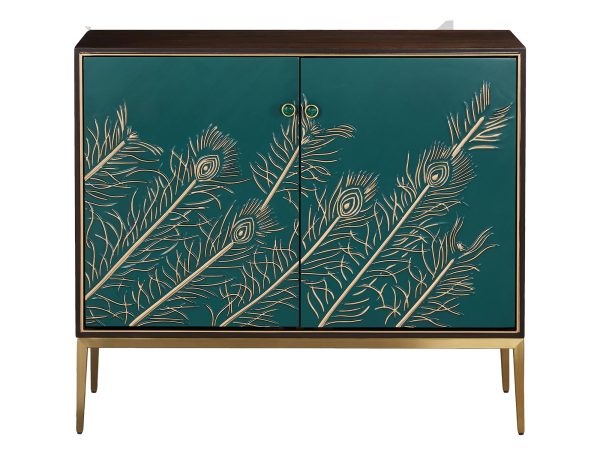 Komoda orzechowa z zielonymi drzwiami ozdobionymi roślinnym wzorem i złotym stelażem