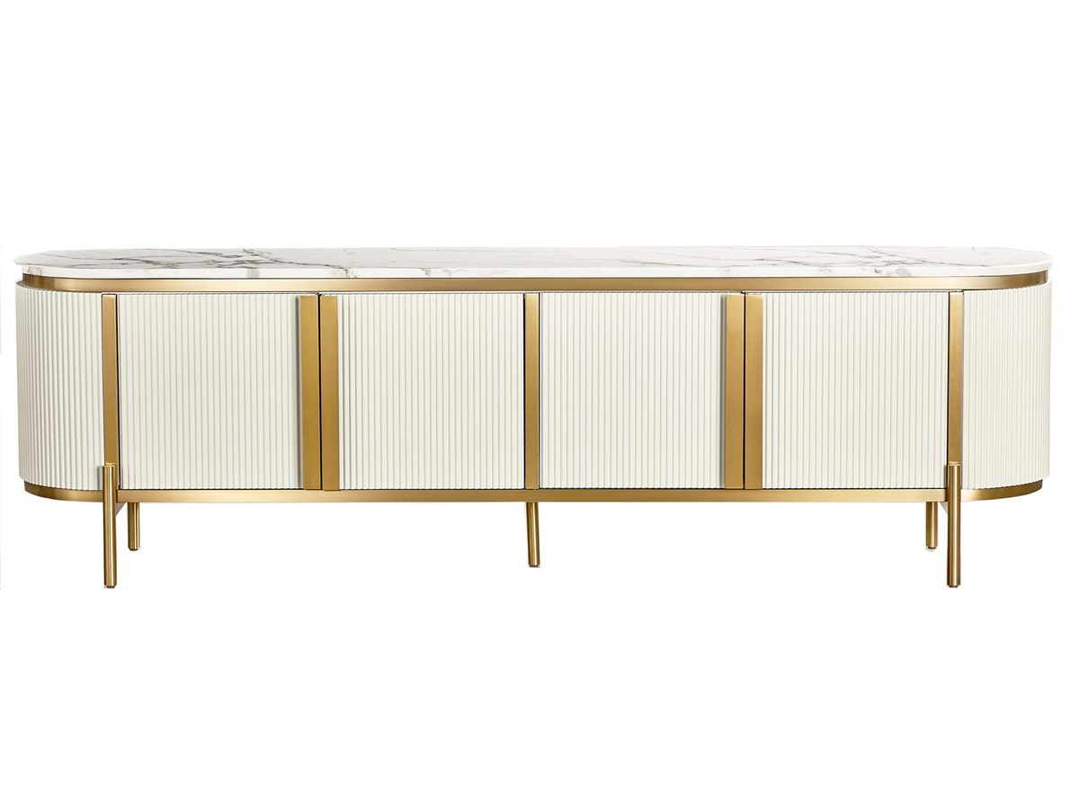 Komoda RTV Biała Ecru z Marmurowym Blatem i Złotymi Nóżkami – Eleganza