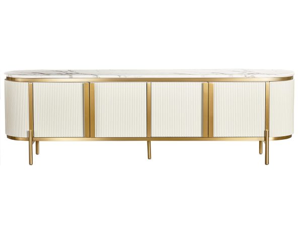 Biała ryflowana komoda RTV z cienką złotą ramą i nowoczesnym stylem