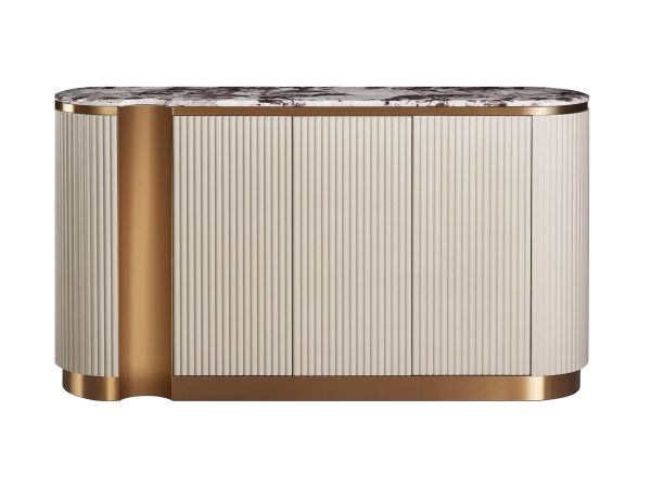 Komoda jasnokremowa ze złotymi akcentami i marmurowym blatem