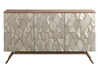 Designerska komoda z geometrycznymi frontami w odcieniach szampańskiego złota