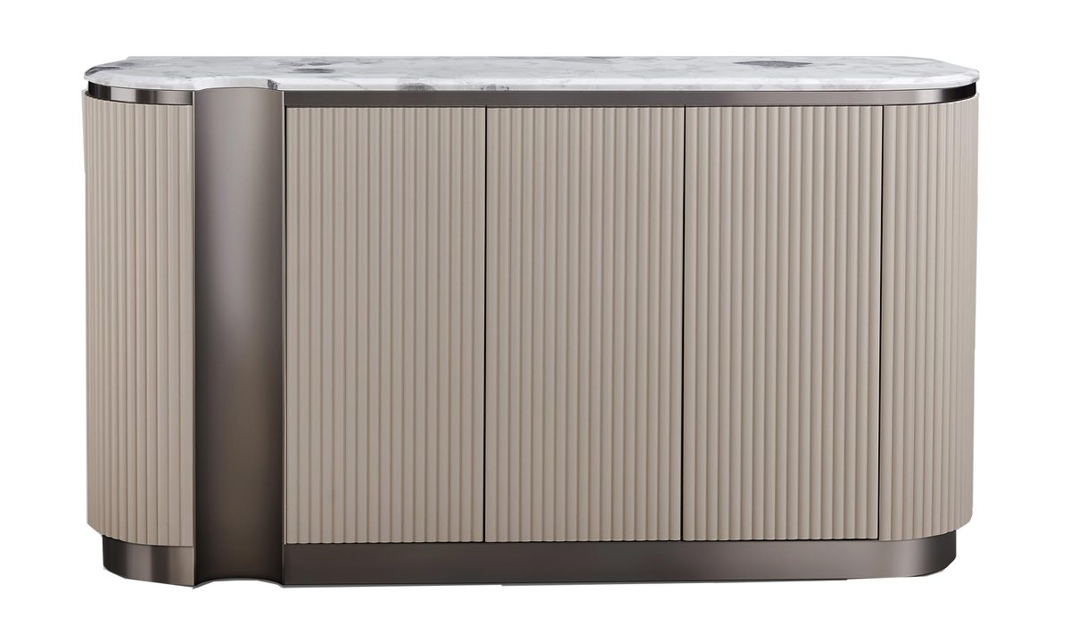 Komoda Beżowa z Niklowanym Wieńcem i Marmurowym Blatem – Eleganza