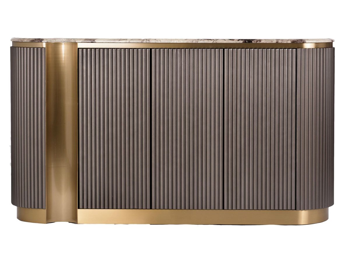Komoda RTV kasztanowa z marmurowym blatem i złotymi nogami – Eleganza