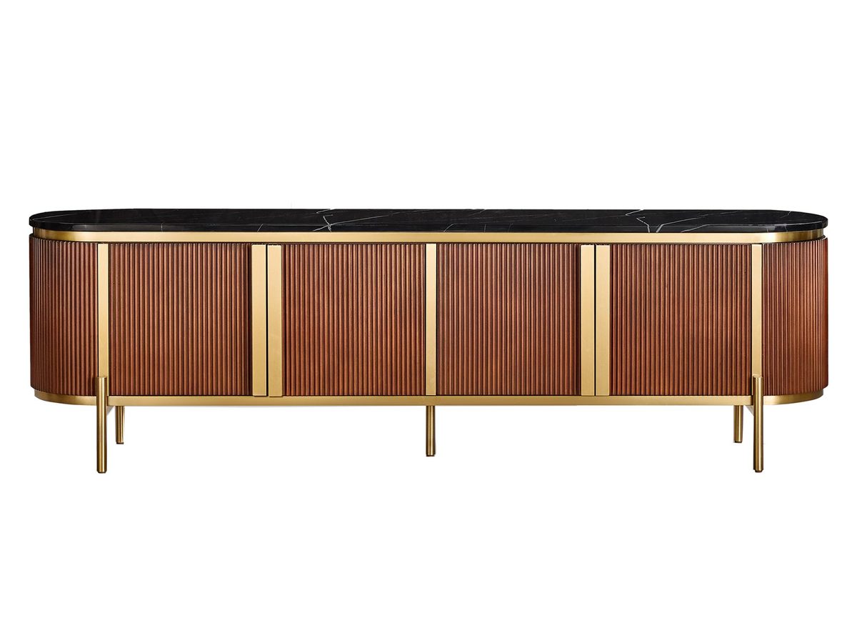 Komoda RTV kasztanowa z marmurowym blatem i złotymi nogami – Eleganza
