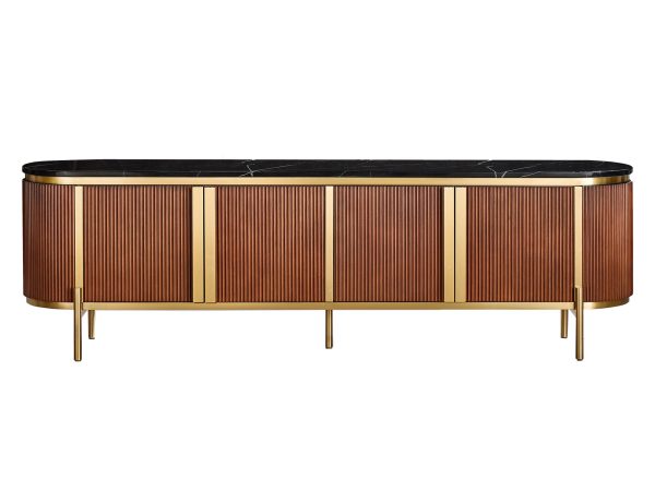 Komoda RTV z kasztanowym ryflowanym frontem i marmurowym blatem