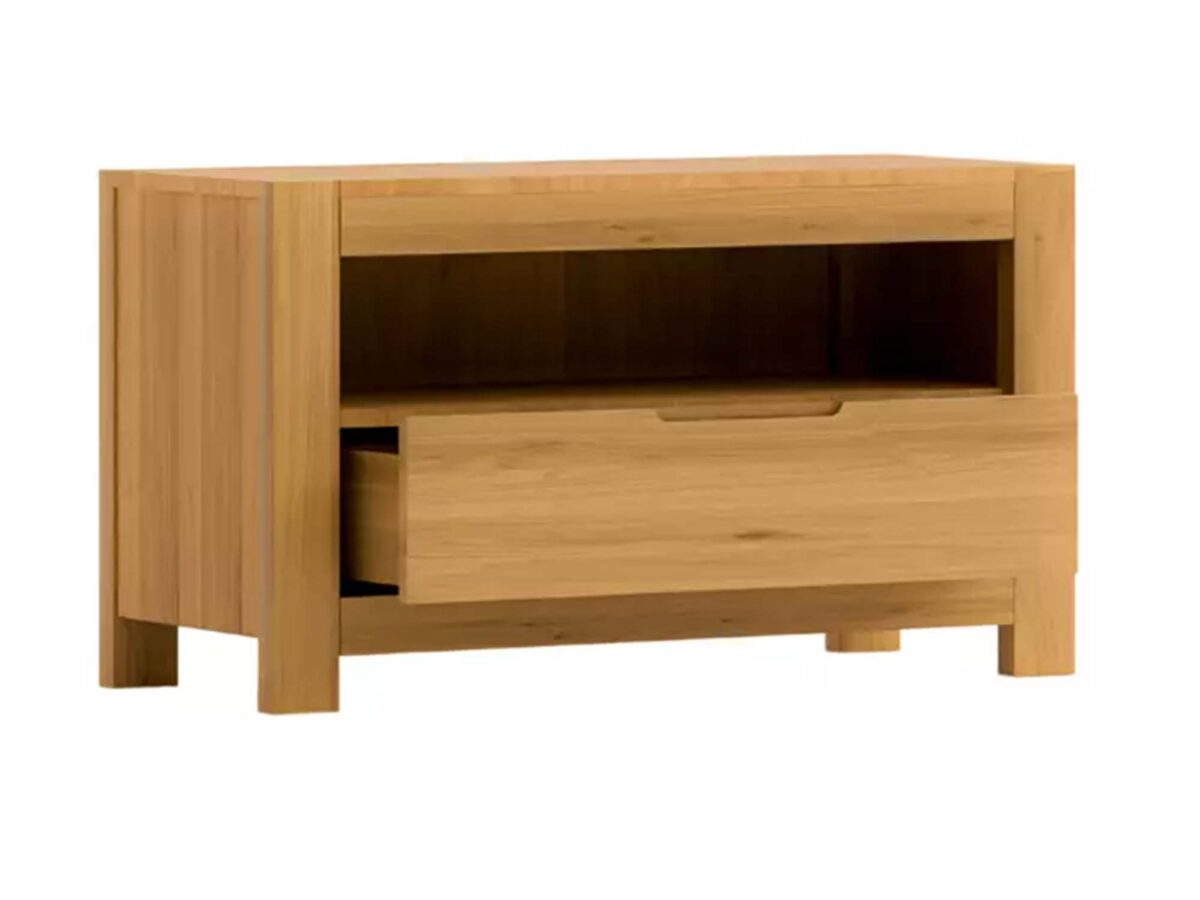 Szafka nocna dębowa z otwartą półką i wysuniętą szufladą Szafka nocna dębowa z otwartą półką i wysuniętą szufladą