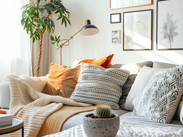 Boho salon z beżową sofą, kolorowymi poduszkami i naturalnymi dodatkami