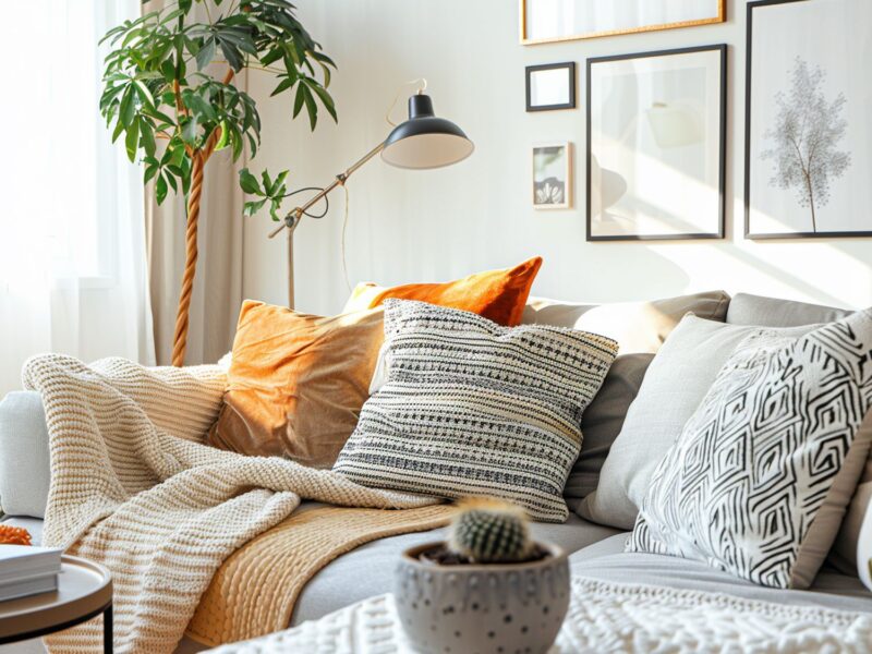 Boho salon z beżową sofą, kolorowymi poduszkami i naturalnymi dodatkami