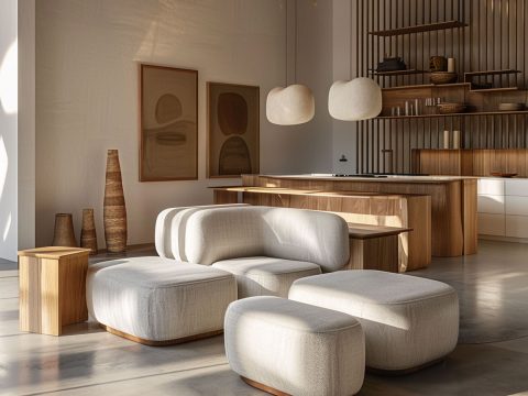 Salon z kremowym narożnikiem modułowym i poduszkami