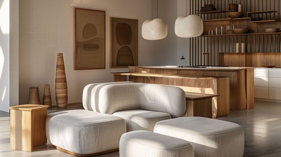 Salon z kremowym narożnikiem modułowym i poduszkami