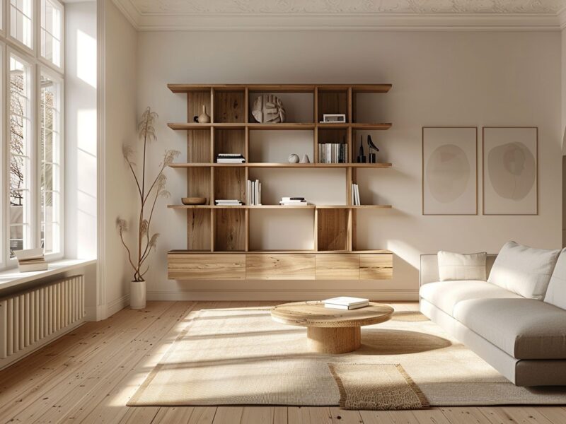 Nowoczesna biblioteka z jasnymi półkami i minimalistyczną sofą