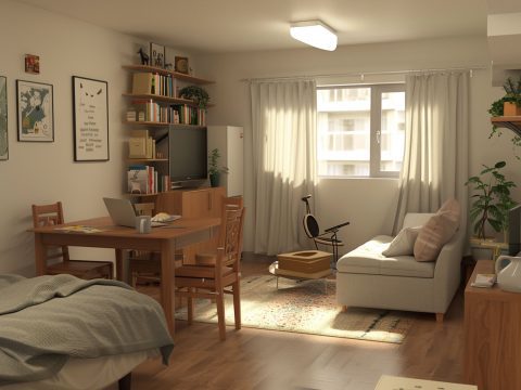 Nowoczesny salon z białą sofą, minimalistycznym wystrojem i drewnianym stolikiem