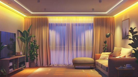 Nowoczesny salon z jasną sofą, podświetlanymi zasłonami i drewnianą podłogą
